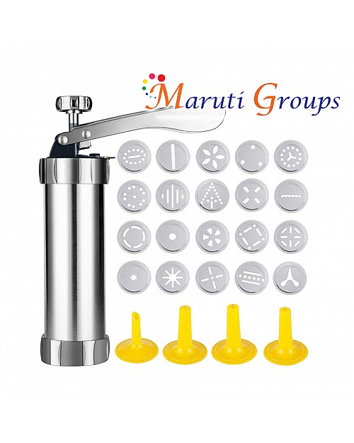 Biscuit Gun Stainless Steel Cookie Press Machine - 20 Decorative Stencil Discs & 4 Icing Tips