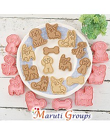 8 Pcs Dog Cookie Cutters with Plunger Stamps Set 3D Puppy Bone Shape Biscuit Cutter Funny Cartoon Cookie Stamps Stamped Embossed Dog Cookie Cutters for Treats DIY Cookie Cake Baking Supplies