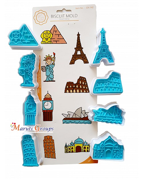 7 Wonders of the World Plunger Cookie Cutter Set - The Colosseum, The Great Wall of China, The Taj Mahal, Statue of Liberty, Eiffel Tower, Pyramids, The Clock Tower