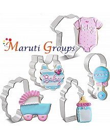 Baby Shower Cookie Cutters 5-Pc. Set , Onesie, Bib, Rattle, Baby Bottle, Baby Carriage - Stainless Steel