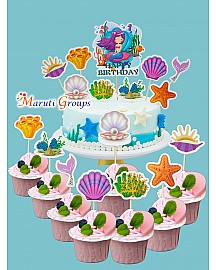 17pc Mermaid Theme / Sea Shell Happy Birthday Cake Topper + Cupcake Topper for cake decorating