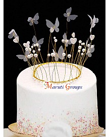 Pearl , Mesh Butterfly and Crown Decor White Birthday Cake Topper