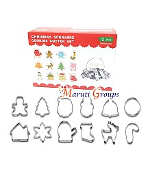 12pc Christmas Cookie Cutters In Stainless Steel - Christmas tree, Socks,Cane , House,Snowflake, Star, Heart, House, Snowflake ,Bell