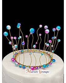 Multi Color Pearl and Crown Decor White Birthday Cake Topper