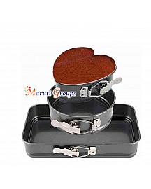 3pc Hearts Round Rectangle Non-Stick Carbon Steel Baking Pan Removable Cheese Cake Tin with Lock (Black)